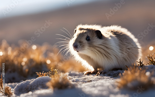 A lemming in an Arctic tundra setting, with snow and sparse vegetation under a clear, bright sky photo