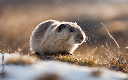 A lemming in an Arctic tundra setting, with snow and sparse vegetation under a clear, bright sky photo