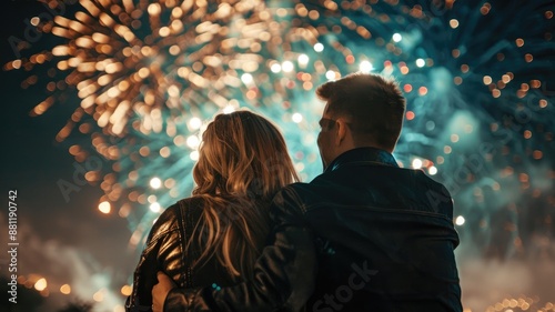 Couple in jackets watching vibrant fireworks at night