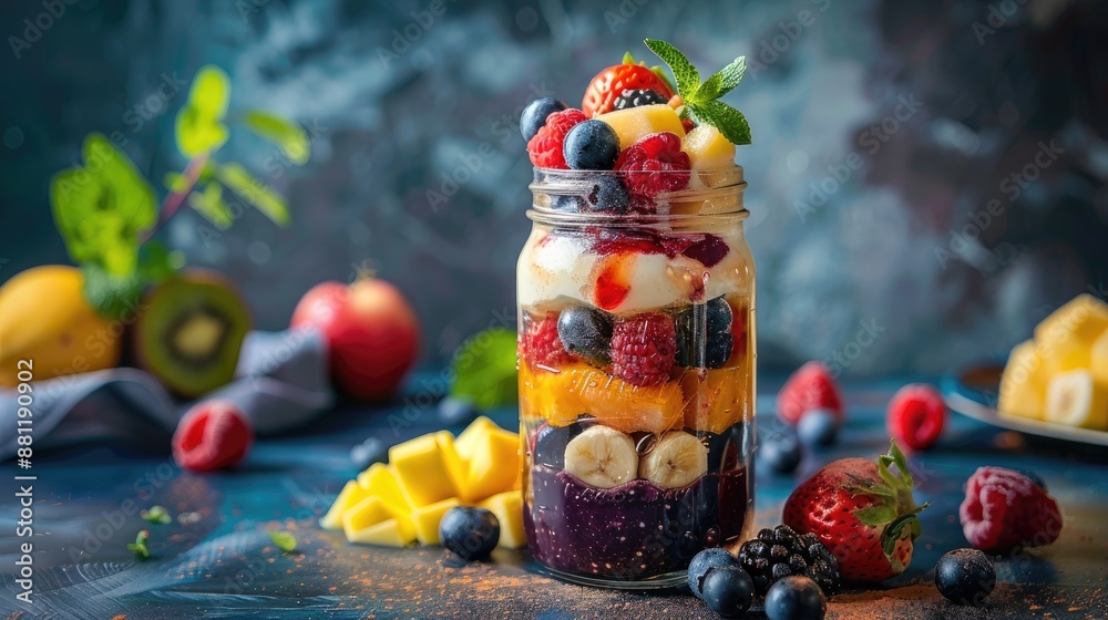 Tasty fruit parfait in glass jar on table Tasty fruit parfait in glass jar on table