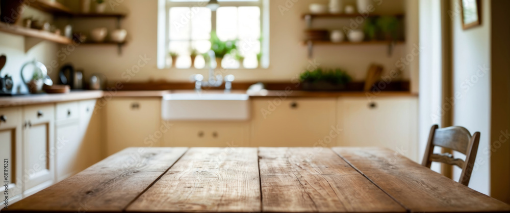 Rustic wooden tabletop, backlit empty surface on blurry kitchen background, cozy home interior backdrop with natural window light, panoramic mockup with free space for product display or advertising Rustic wooden tabletop, backlit empty surface on blurry kitchen background, cozy home interior backdrop with natural window light, panoramic mockup with free space for product display or advertising