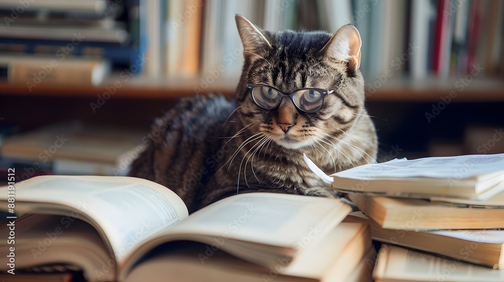 Cat Wearing Glasses and Studying: A cat wearing glasses, sitting at a desk cluttered with textbooks and notes, appearing deep in study.
Cat Wearing Glasses and Studying: A cat wearing glasses, sitting at a desk cluttered with textbooks and notes, appearing deep in study.