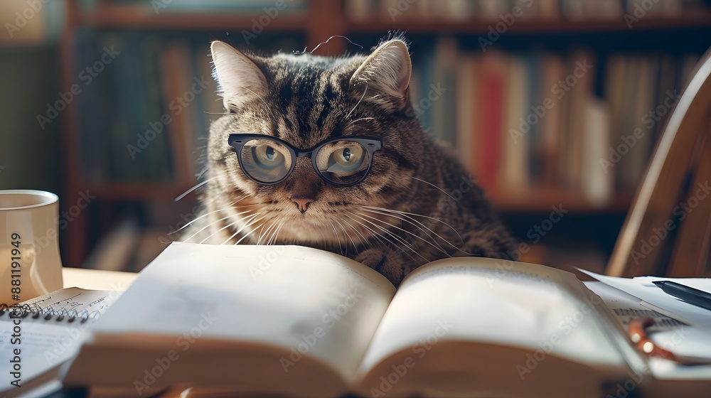 Cat Wearing Glasses and Studying: A cat wearing glasses, sitting at a desk cluttered with textbooks and notes, appearing deep in study.
Cat Wearing Glasses and Studying: A cat wearing glasses, sitting at a desk cluttered with textbooks and notes, appearing deep in study.