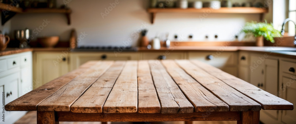 Empty rustic wooden table top with blurry kitchen background, cozy home interior backdrop with natural window light, panoramic mockup with free space for product display or presentation Empty rustic wooden table top with blurry kitchen background, cozy home interior backdrop with natural window light, panoramic mockup with free space for product display or presentation