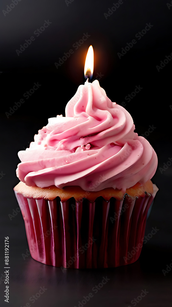 cupcake with burning candle on a black background cupcake with burning candle on a black background