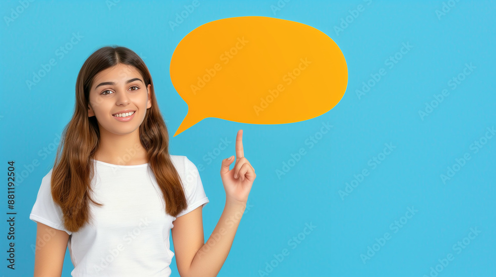 Individual Woman Pointing to Orange Speech Bubble on Blue Background. Easy Communication Concept for Presentations and Informative Designs Individual Woman Pointing to Orange Speech Bubble on Blue Background. Easy Communication Concept for Presentations and Informative Designs