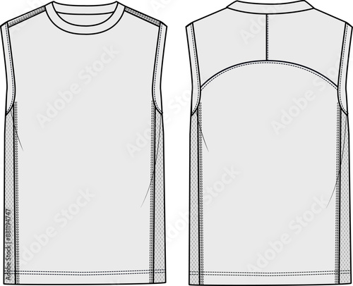 Sleeveless basic sport shirt technical fashion illustration vector CAD template with mesh panelling