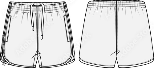 Running Shorts Vector Illustration CAD Design Template Front and Back Views Activewear Fashion Flat Sketch