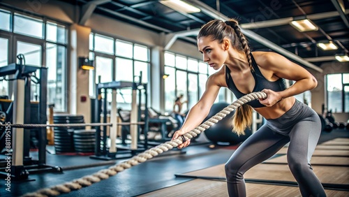 Young woman pulling rope at gym.