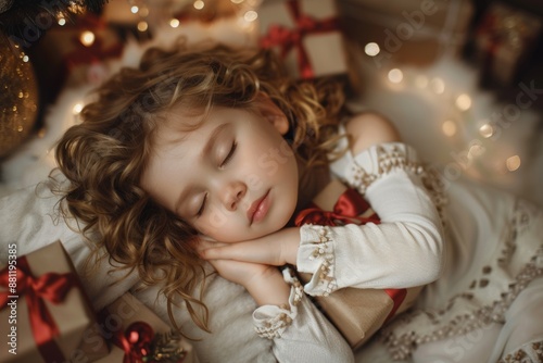 Beautiful repose her gentle face epitomizes childlike innocence. Nighttime serenity surrounds sweet child her comfortable bedding. Nighttime allegory pure unburdened mind of child.