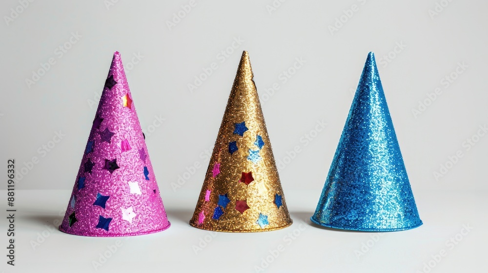 Glittery party hats in pink, gold, and blue on gray background Glittery party hats in pink, gold, and blue on gray background