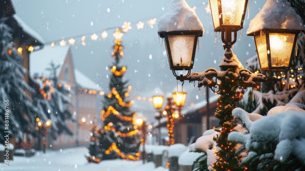 Festive winter scene with snowy streets and illuminated decorations