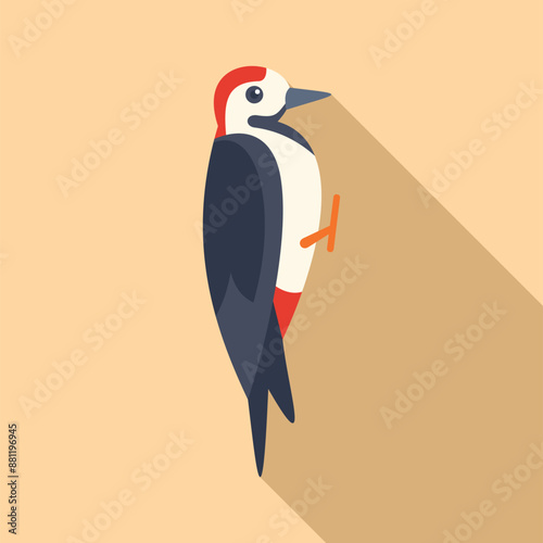 Great spotted woodpecker is clinging vertically to a tree trunk