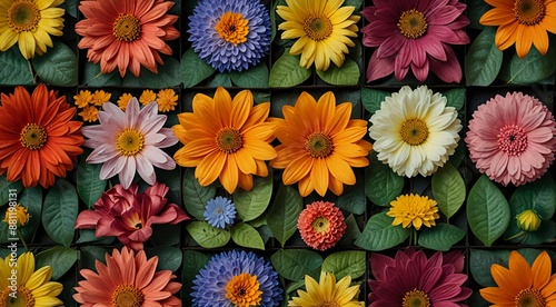 Vibrant overhead view of various colorful daisy-like flowers and green leaves arranged in a dense, flat lay pattern, ideal for spring and summer backgrounds, floral designs