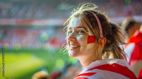 Happy English woman supporter with face painted in English flag colors,  white and red, fan at a sports event such as football or rugby match, blurry stadium background and copy space