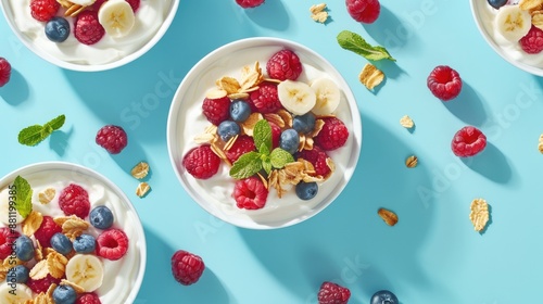 Berries yogurt and cereals on a blue backdrop