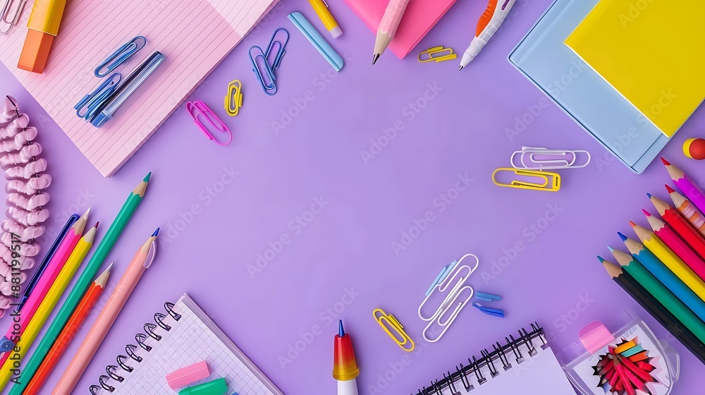 Top view of school supplies on pastel purple background, flat lay with copy space. Back to School theme with colorful writing tools. Top view of school supplies on pastel purple background, flat lay with copy space. Back to School theme with colorful writing tools.