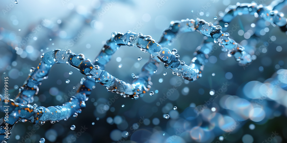 A blue DNA strand with water droplets surrounding it A blue DNA strand with water droplets surrounding it