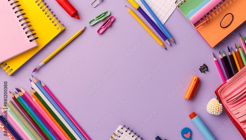 Top view of school supplies on pastel purple background, flat lay with copy space. Back to School theme with colorful writing tools. Top view of school supplies on pastel purple background, flat lay with copy space. Back to School theme with colorful writing tools.