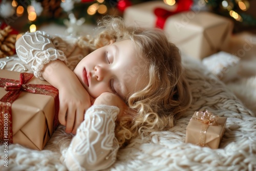 Stillness of night young curly-headed dreamer sleeps soundly. Curly-haired youth enjoys peaceful rest embraced tender dreams. Young one's gentle slumber allegorizes delicate balance of nurturing care. photo