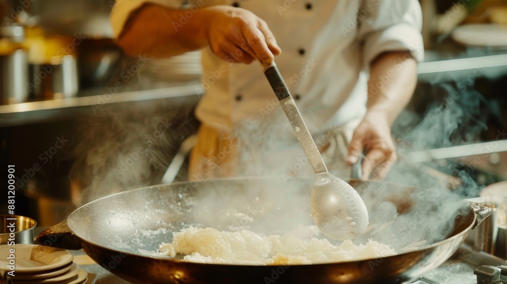 Fototapeta premium Close Up of a Chef Stir-Frying Vegetables in a Wok