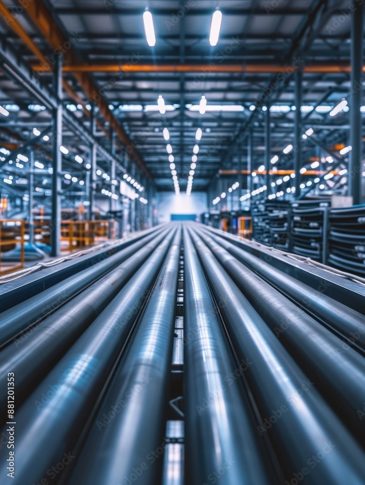A large warehouse filled with steel pipes A large warehouse filled with steel pipes