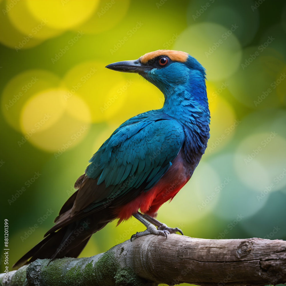 Fototapeta premium A Racket-tailed Roller with vibrant colors and detailed feather patterns, perched elegantly on a branch.