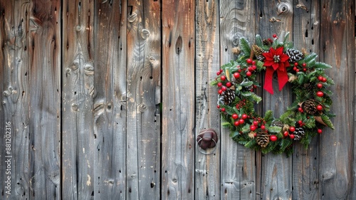 Festive wreath with berries and pinecones on rustic wooden wall