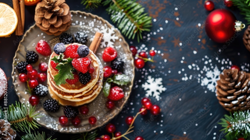 Festive pancakes topped with berries, surrounded by holiday decor and pine cones Festive pancakes topped with berries, surrounded by holiday decor and pine cones