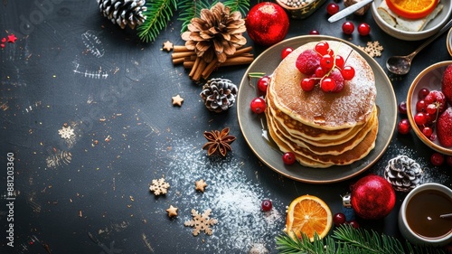 Festive table with pancakes, cranberries, pinecones, and holiday decorations