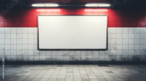 Urban advertising concept  blank billboard in subway station with passing trains and commuters