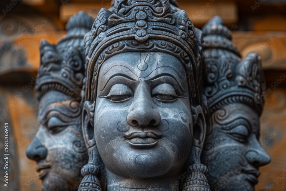 A close-up of a Dattatreya statue with three heads, symbolizing the trinity of Brahma, Vishnu, and Shiva. A close-up of a Dattatreya statue with three heads, symbolizing the trinity of Brahma, Vishnu, and Shiva.