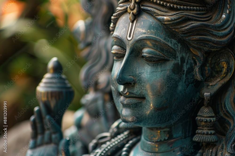 Obraz premium A close-up of an Ardhana Ishvara statue, representing the combined form of Shiva and Parvati.