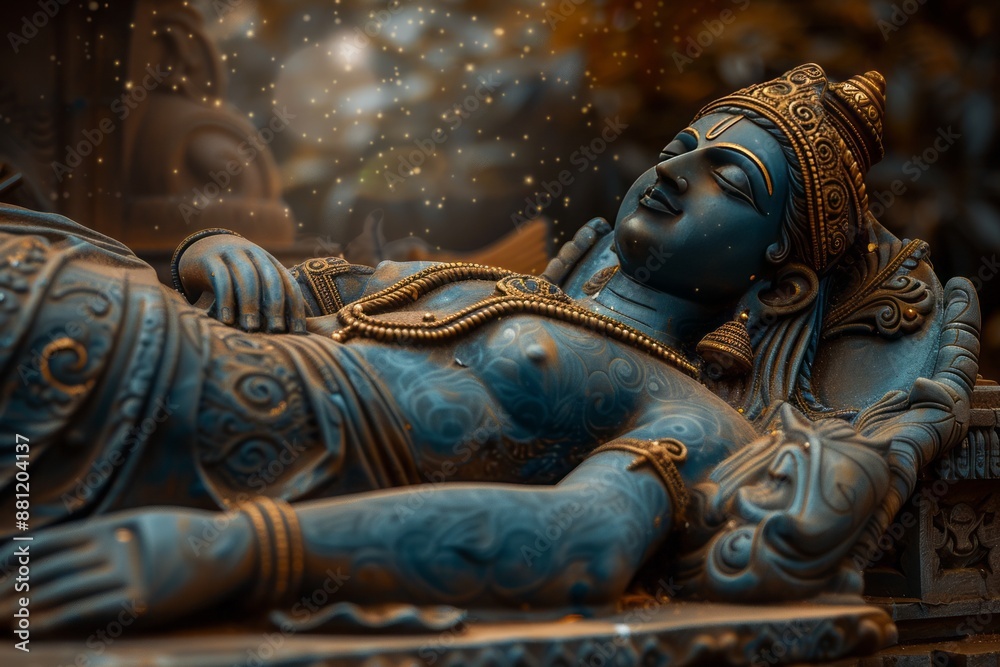 Fototapeta premium A serene image of a Vishnu statue reclining on Sheshanaga, with a calm, cosmic background.