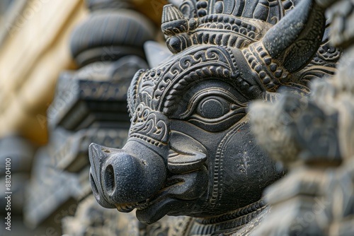 A detailed image of a Varaha statue, depicting the boar avatar of Vishnu lifting the Earth. photo