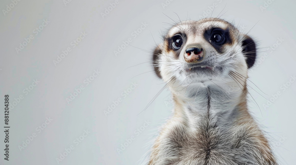 A meerkat stands alert, looking up towards the camera with a curious expression A meerkat stands alert, looking up towards the camera with a curious expression