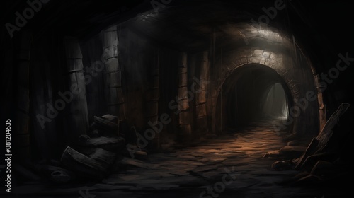 A Gloomy Ancient Tunnel Lit by Sparse Light Through the Archway