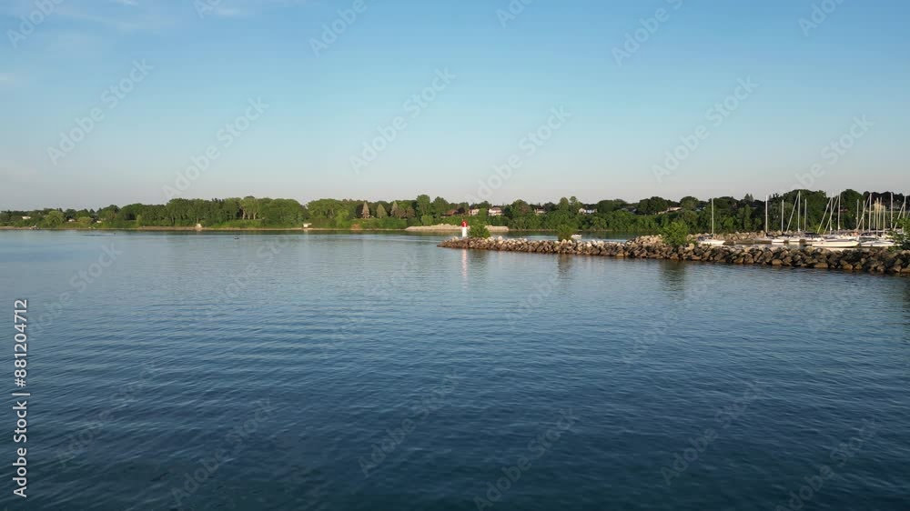 Aerial approach towards a lighthouse at the entrance of the Port Dalhousie Pier Marina on the south shore of Lake Ontario in St. Catharines, Ontario, Canada during July, 2024. Aerial approach towards a lighthouse at the entrance of the Port Dalhousie Pier Marina on the south shore of Lake Ontario in St. Catharines, Ontario, Canada during July, 2024.