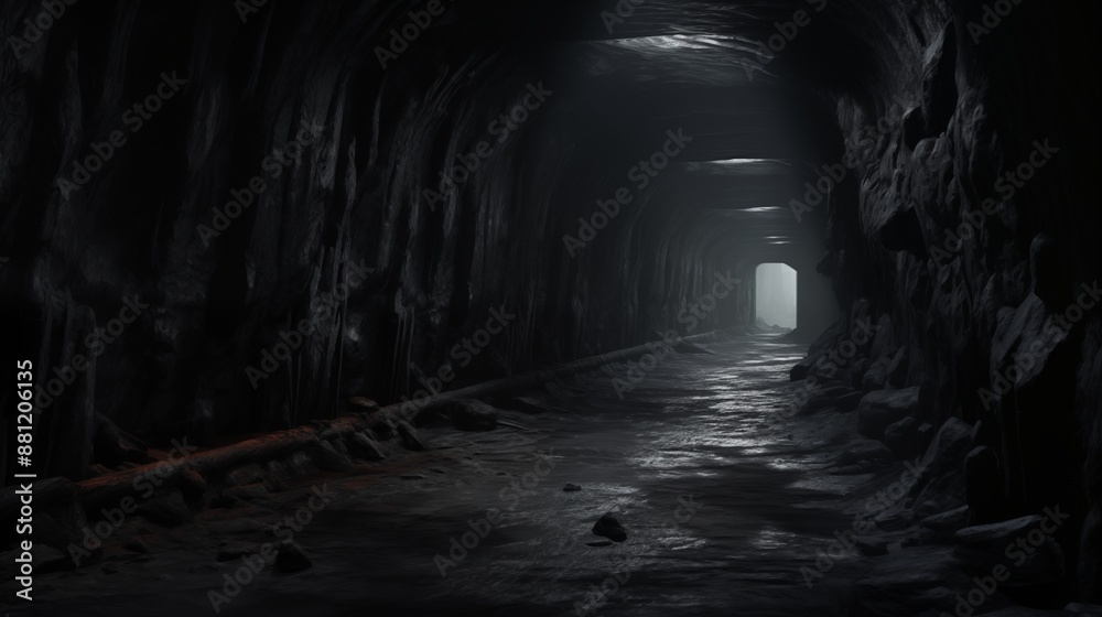 Naklejka premium A Dimly Lit Underground Tunnel with Light at the End