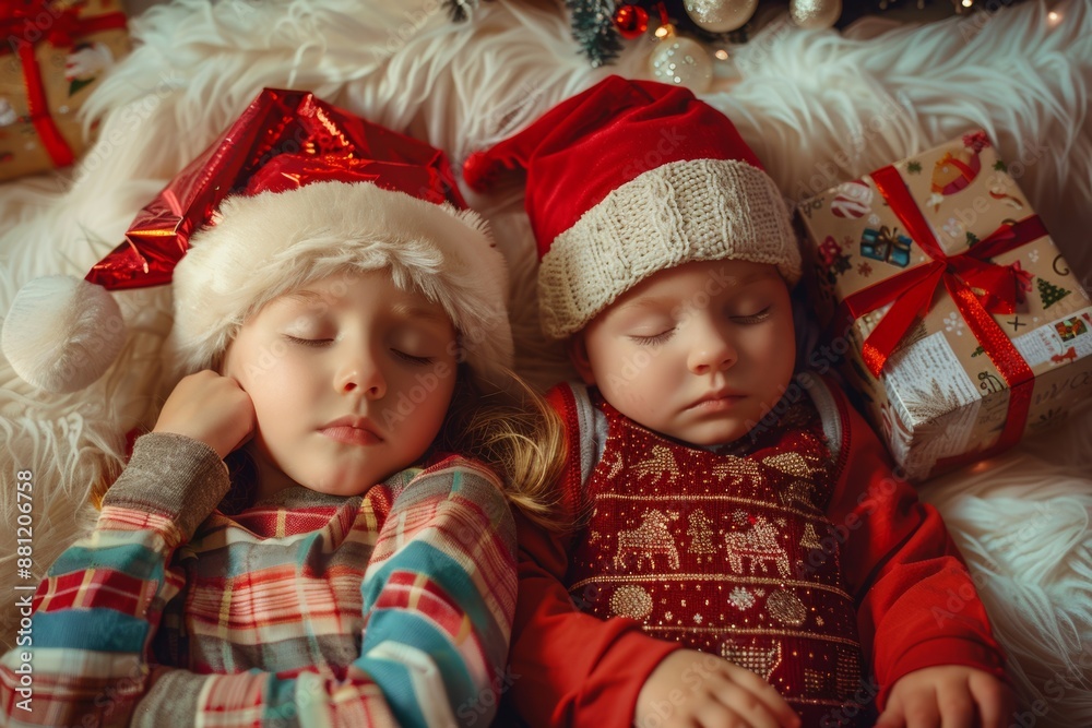 Warm sunlight bathes children emphasizing their bond serene moment. Sleepy siblings dream and share affectionate embrace their peaceful home. It represents tranquility and comfort