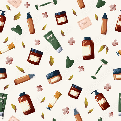 Hand drawn seamless pattern with spa bottles and containers. Beauty routine wallpaper. Background vector illustration with natural and organic cosmetics