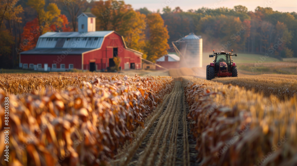 A picturesque autumn farm scene featuring a red barn, tractor, and fields of harvested crops with colorful trees. A picturesque autumn farm scene featuring a red barn, tractor, and fields of harvested crops with colorful trees.