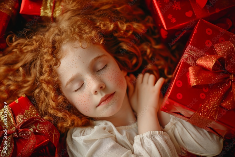 Fototapeta premium Innocence and tranquility radiate from sleeping red-haired child. Restful child beautiful curls enjoys nap serene comfort. Emblematic of comfort found familial love and safety.