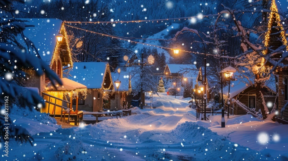 Fototapeta premium Snowy village street at night with festive lights