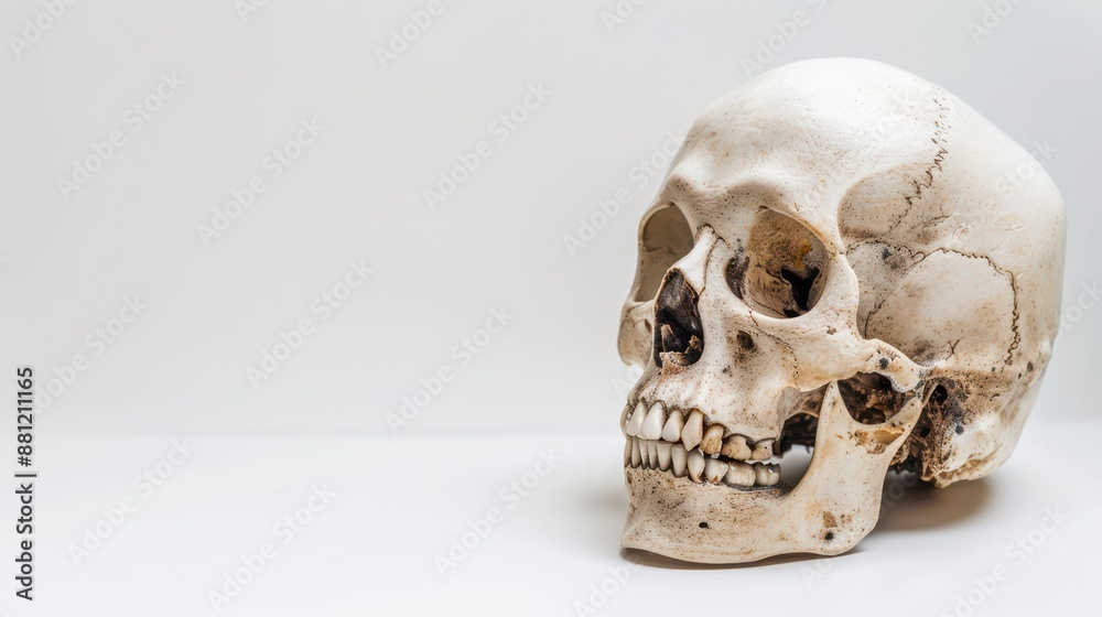 Obraz premium Human Skull on White Surface Facing Left