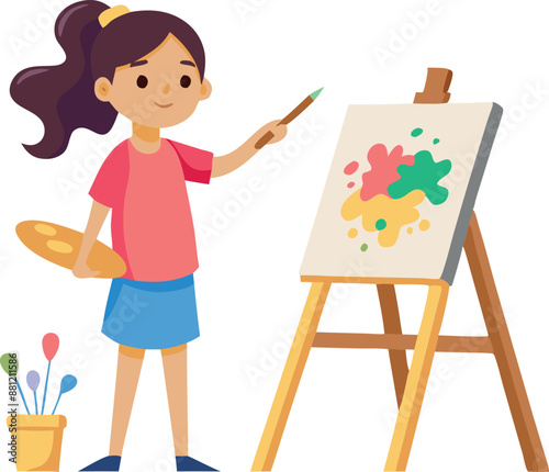 Young girl painting on an easel outdoors