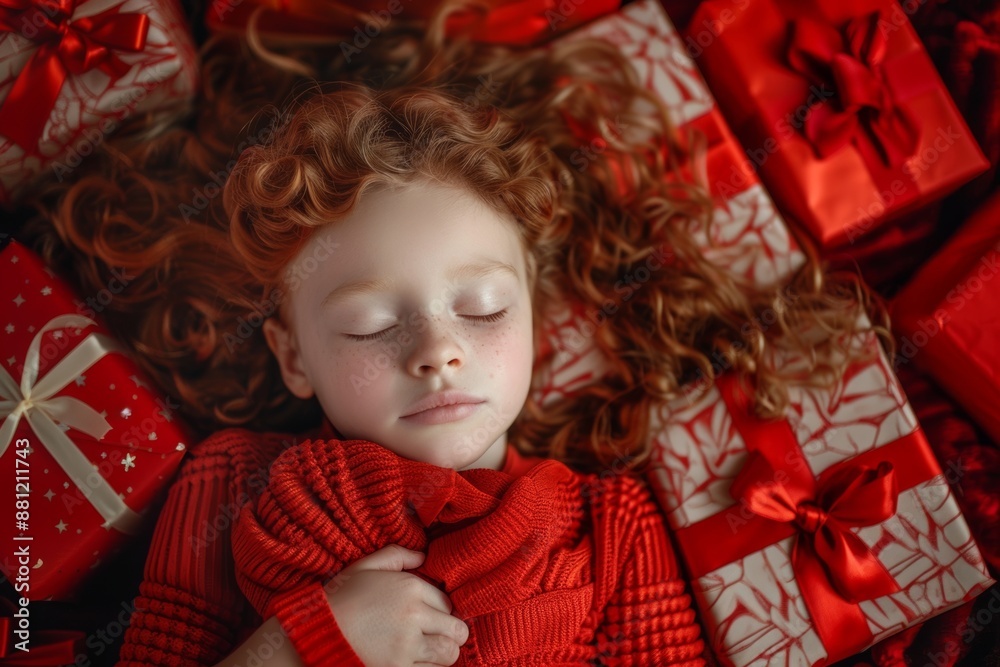 Fototapeta premium Beautiful red-haired child sleeps peacefully cozy white blanket. White sheets bring beauty of her red curly hair. Essence of stillness and magic of tender dreams.