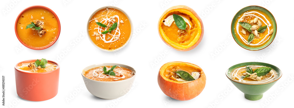 Set of healthy pumpkin soup on white background Set of healthy pumpkin soup on white background