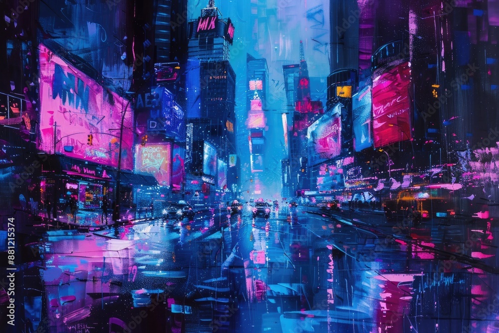 Fototapeta premium An acrylic neon painting of a bustling cityscape at night, with skyscrapers and neon signs reflecting off wet streets. 