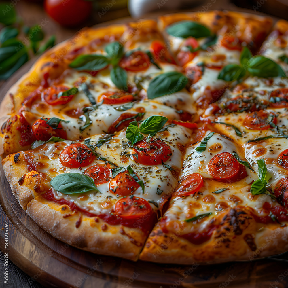 Close-up of a freshly baked pizza with melted mozzarella cheese vibrant red tomato sauce and fragrant basil leaves
Close-up of a freshly baked pizza with melted mozzarella cheese vibrant red tomato sauce and fragrant basil leaves
